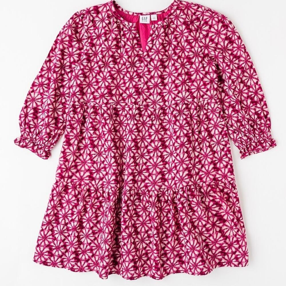 Gap Kids Girls Pink Floral Print Tiered Dress Size 5 Long Sleeve Lined